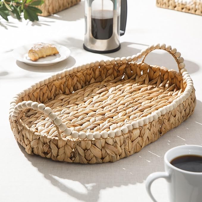 Gibson Home Riverrun Grove 17" Woven Decorative Serving Tray – Large Natural Water Hyacinth Basket w/Wood-Bead Trim & Handles for Coffee Table Décor, Ottomans, Centerpieces & Kitchen Counter Display