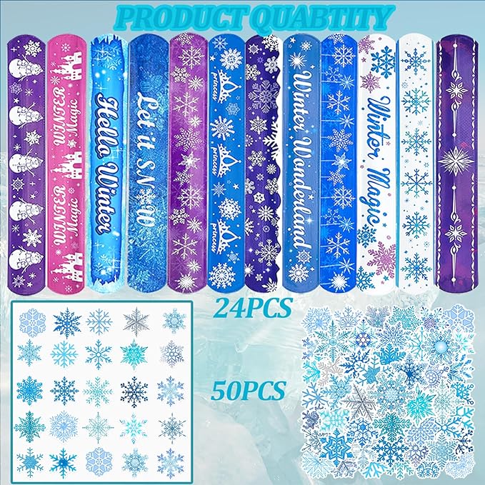74Pcs Snowflake Theme Party Favors Contain 24 Pcs Snowflake Theme Slap Bracelets 50Pcs Snowflake Theme Stickers, Ice and Snow Theme Birthday Party Decorations