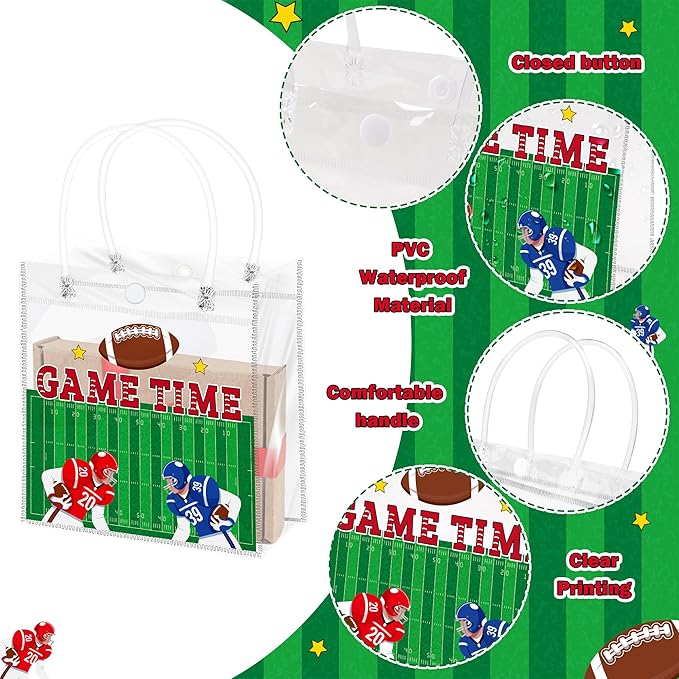 H1vojoxo Football Party Gift Bags - 24pcs Football Clear PVC Gift Bags with Handles Reusable Rugby Sports Goodie Bag for kids Rugby Tote Bag for Snack Large Candy Treat Ball Themed Party Favor