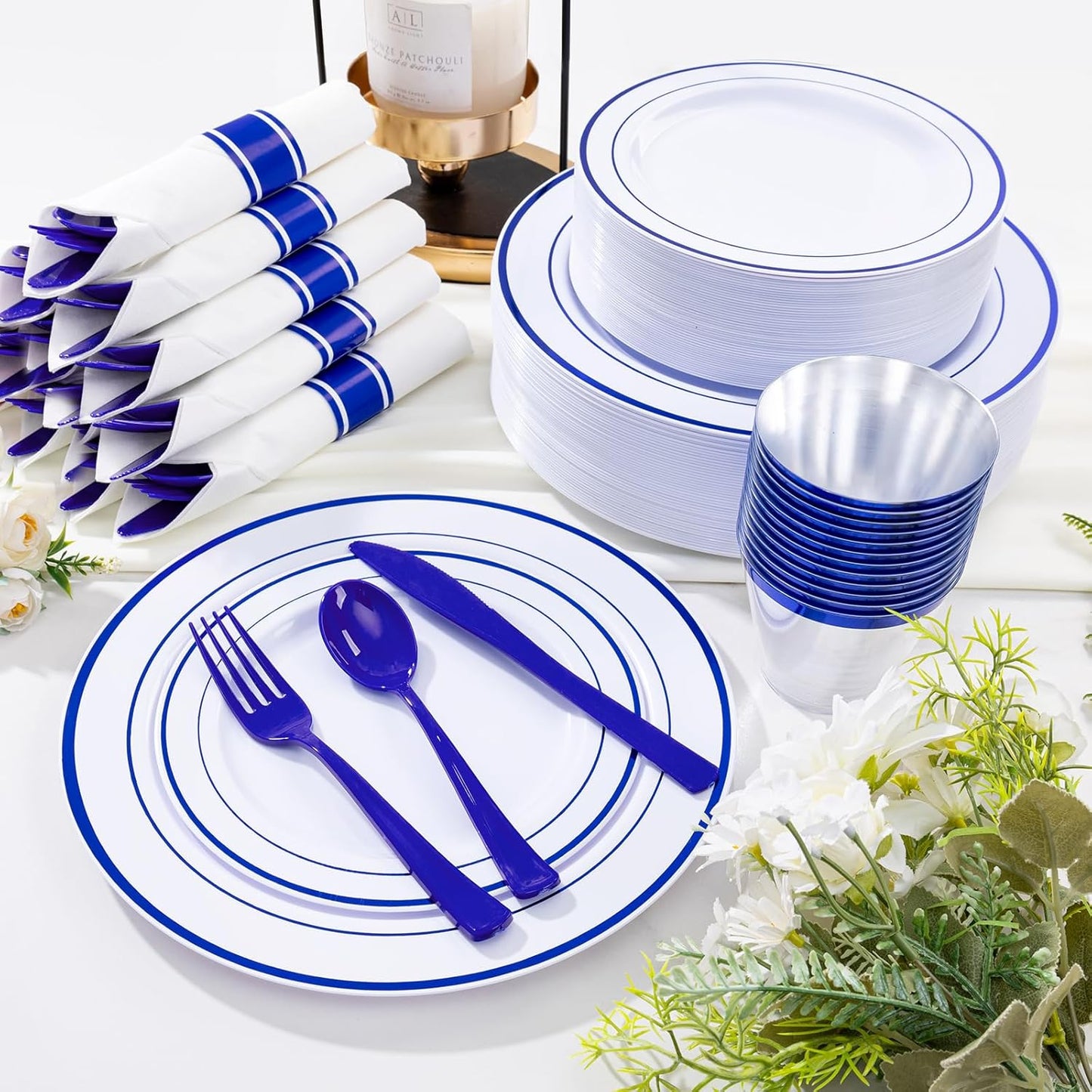 WELLIFE 700 Pcs Blue Plastic Plates for 100 Guests - Plastic Dinnerware Set,Party Supplies Includes 200 Blue Disposable Plates,300 Silverware,100 Napkins,100 Cups