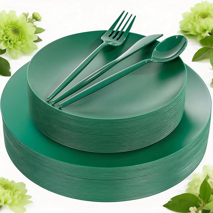 EI 150pcs Green Plastic Plates,Green Disposable Plates Heavy Duty,Fancy Plastic Dinnerware Set,Dinner Plate for Party,Picnic,Birthday,Wedding Afternoon Tea Spring,St. Patrick's Day
