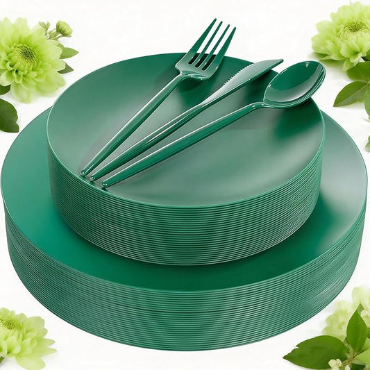 EI 150pcs Green Plastic Plates,Green Disposable Plates Heavy Duty,Fancy Plastic Dinnerware Set,Dinner Plate for Party,Picnic,Birthday,Wedding Afternoon Tea Spring,St. Patrick's Day