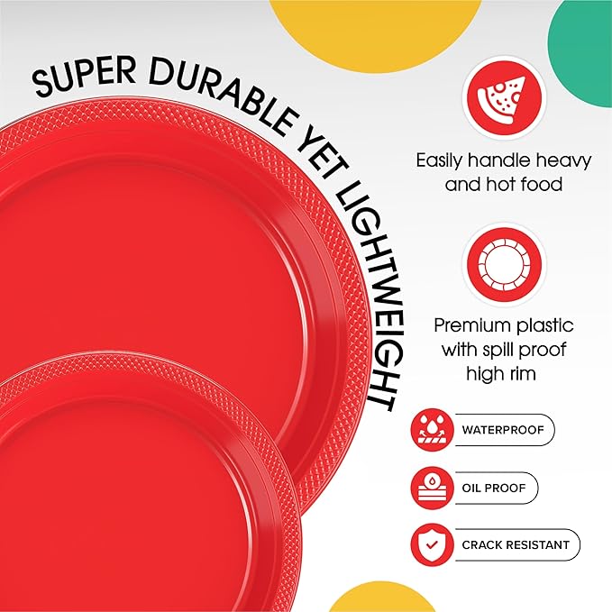 Exquisite Party Solids Red Plastic Plates For Party Supplies, Red Disposable Plates 100 Pcs - 50-7" & 50-9" Heavy Duty 350 GSM Disposable Dinnerware Sets, Plastic Dinnerware Sets