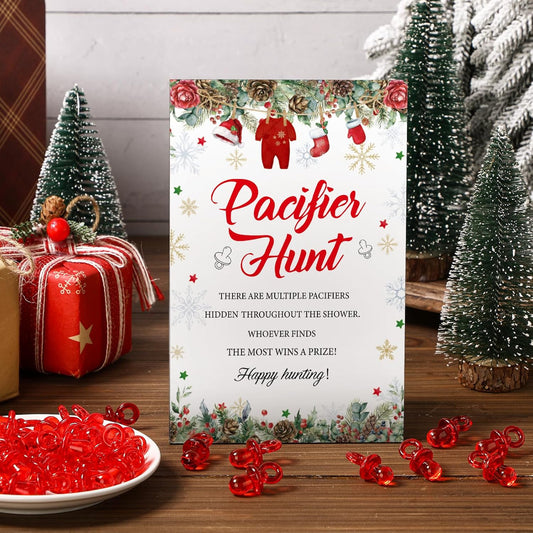 Thyle 51 Pcs Santa Themed Baby Shower Games Pacifier Hunt Include Hunt Sign and 50 Acrylic Pacifiers a Santa Baby Is on the Way Party Decorations Christmas Theme Gender Reveal Gift Sets Party Decor