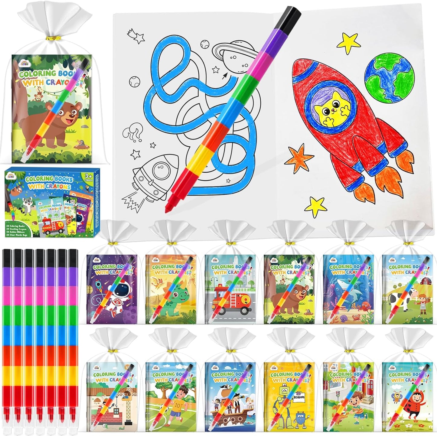 ZMLM 24 Coloring Books for Kids Party Favors: Bulk 24 Crayons Mini Coloring Books for Kids Ages 4-8 Birthday Goodie Bags Stuffers Toddlers Return Gifts Classroom Prizes Teacher Crafts (Boys)