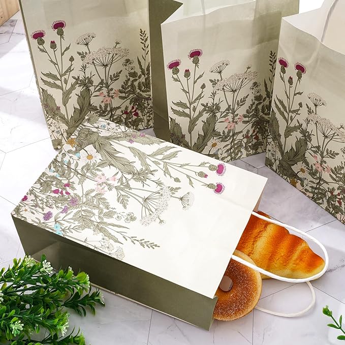 24Pcs Vintage Wildflower Paper Gift Bags Retro Floral Party Favor Bags with Handles Flower Decorative Goodie Candy Treat Bags for Wedding Birthday Baby Shower Party Supplies