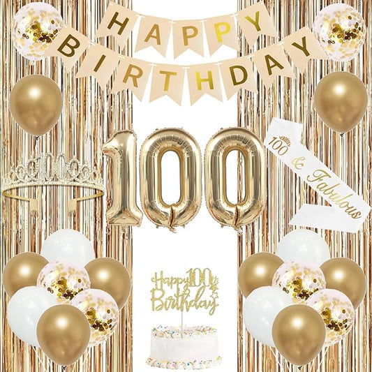 Trgowaul 100th Birthday Decorations for Women, Banner, Sash and Crown, Cake Topper, 100 Number Balloon, Fringe Curtains, Champagne Gold 100th Birthday Party Supplies