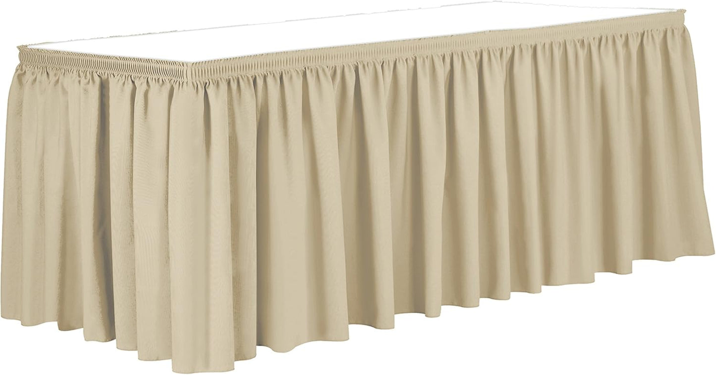 Ultimate Textile Pleat Polyester Fabric Table Skirt - Machine Washable, Flame Resistant, Cut & Sewn in NJ, Desk Skirt - Tan, 17' Shirred Pleat x 42" h