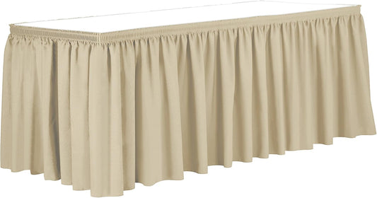 Ultimate Textile Pleat Polyester Fabric Table Skirt - Machine Washable, Flame Resistant, Cut & Sewn in NJ, Desk Skirt - Tan, 17' Shirred Pleat x 42" h