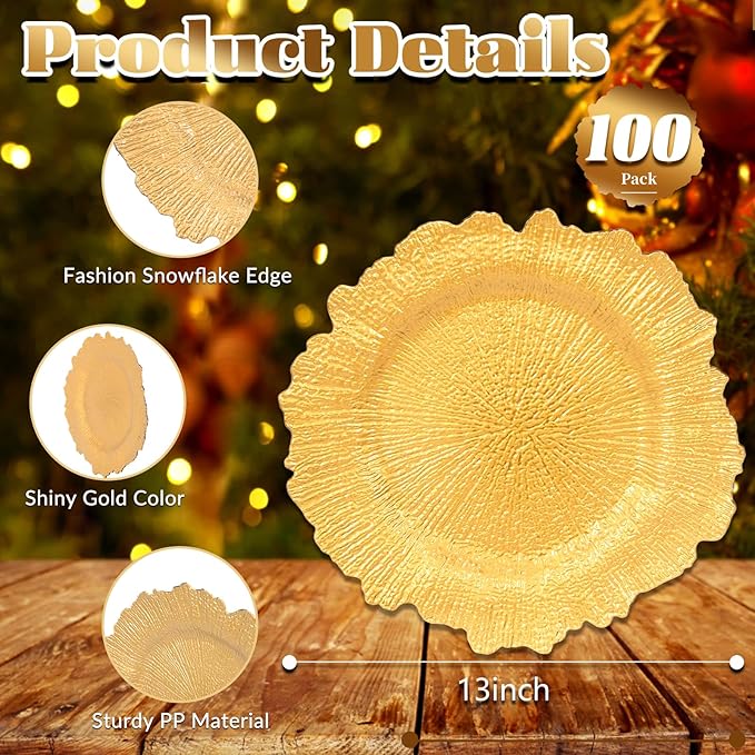 GenMous 100 Pack Gold Charger Plates Bulk for Wedding Party Table Decor, 13 inch Floral Decorative Gold Charger for Dining Plates, Plastic Metallic Plates Charger for Thanksgiving Christmas Holiday