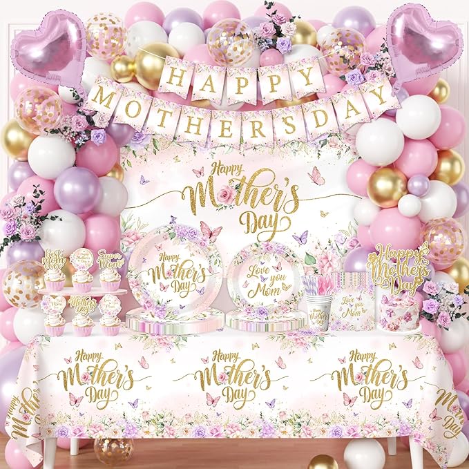 Happy Mother's Day Party Supplies,Pink and Purple Mothers Day Plates,Napkins,Balloon Arch,Banners,Cake Toppers Spring Floral Theme Love You Mom Decorations for Best Mom Ever Party Favor Serve 24