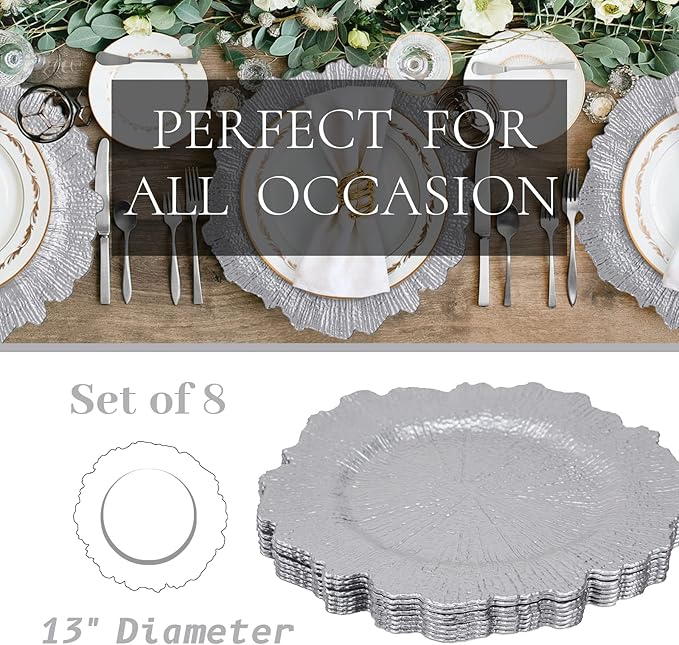 MAONAME 13" Round Silver Charger Plates, Reef Chargers for Dinner Plates, Plastic Plate Chargers for Wedding, Table Decor, Set of 8