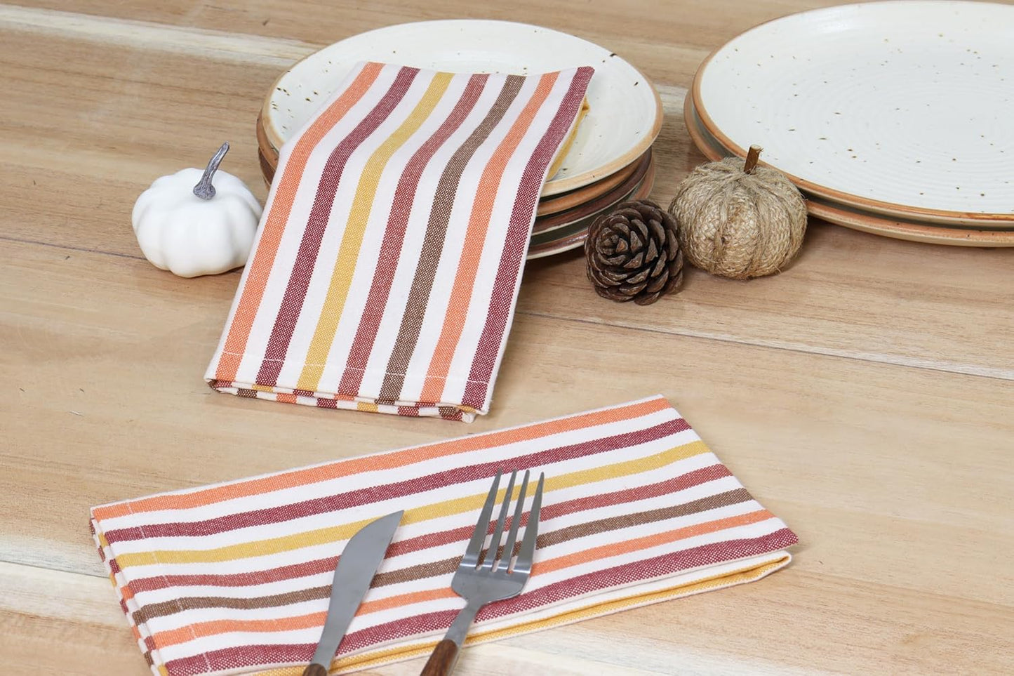 PurpleEssences Plain Striped Cloth Napkins - Set of 12-100% Cotton - 18 x 18 Inch - Fall Thanksgiving - Perfect Everyday Use Dinner Napkin - Fall