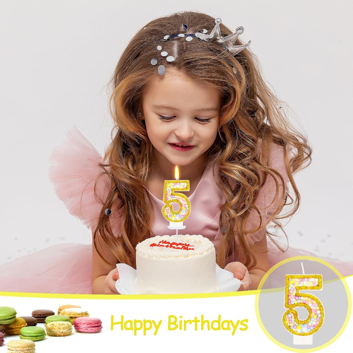 5th Birthday Candle for Cake, Colorful Macaron Numeral Candles for Girls/Boys, Sponge Birthday Party Cake Decorations, Golden Cake Topper(Number 5)