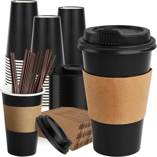 50 Pack 16 oz Coffee Cups with Lids, Black Disposable Coffee Cups with Lids, Sleeves and Stirring Sticks, Hot Paper Coffee Cup 16 oz for Hot Drinks, Parties, Picnic, Travel, and Events