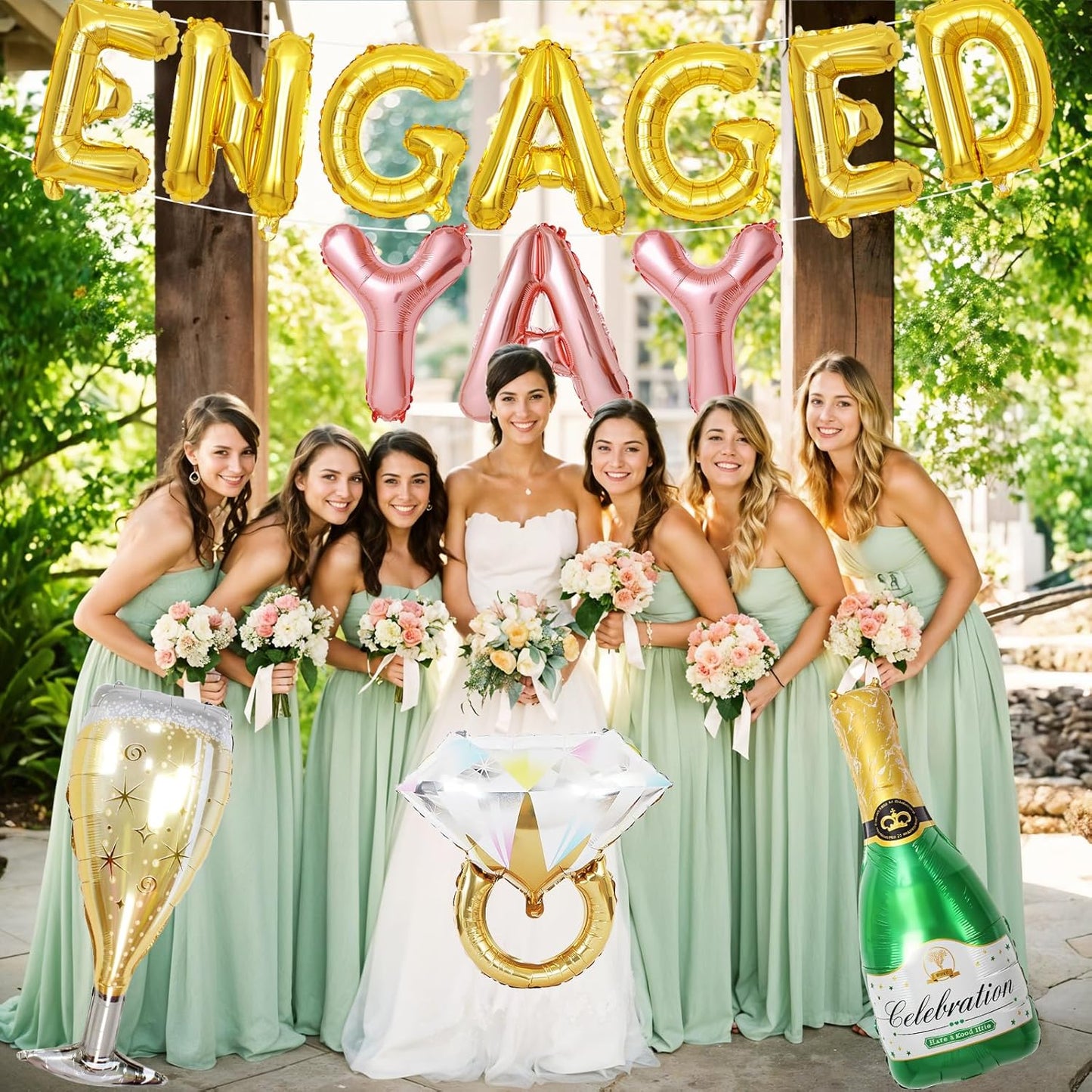 Gold Engagement Party Decorations, Engaged Yay Balloons Letters Banner, Diamond Ring Green Champagne Bottle Balloon Glass Foil Balloon for Bachelorette Engagement Wedding Bridal Shower Party Supplies
