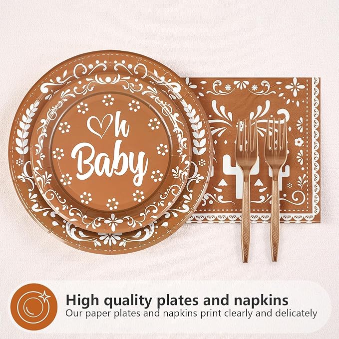 Grencian 96 Pcs Cielito Lindo Baby Shower Decorations Brown Mexican Theme Plates and Napkins Tableware Sets Cielito Lindo Decorations for Boys Girls Baby Shower Party Serves 24