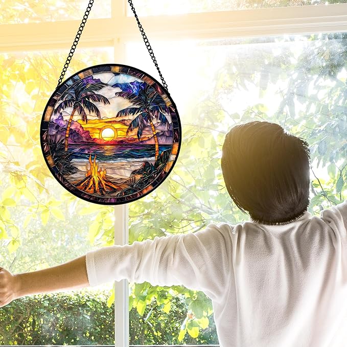 Stained Glass Window Hanging,Bonfire Beach Landscape Suncatcher Diamond Glass Panel Sun Catchers Decor for Birthday for Women, Men, Wife, Aunt, and Mom 7.8 in