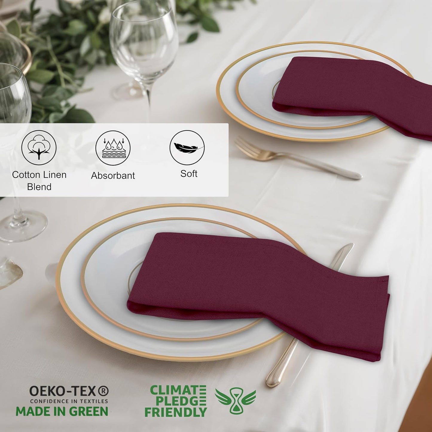 Ruvanti Linen Napkins Set of 6, 18x18 Cloth Napkins, Cotton Linen Blend Napkins Cloth Washable, Soft, Reusable Dinner Napkins for Wedding, Parties, Christmas, Thanksgiving, Everyday Use - Burgundy
