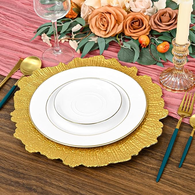 Pesonlook 24Pcs Bright Gold Charger Plates Round 13inch, Reef Plate Chargers for Dinner, Bulk Plastic Floral Table Charger Plates for Dinner Wedding Party Event Table Setting Decoration(Bright Gold)