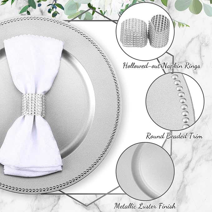 Tanlade 100 Pcs Charger Plates Bulk with Napkin Rings Set Include 50 Plastic Beaded Plate Chargers 50 Napkin Rings 13'' Round Dinner Plate Chargers Set for Table Setting Wedding Party(Silver)