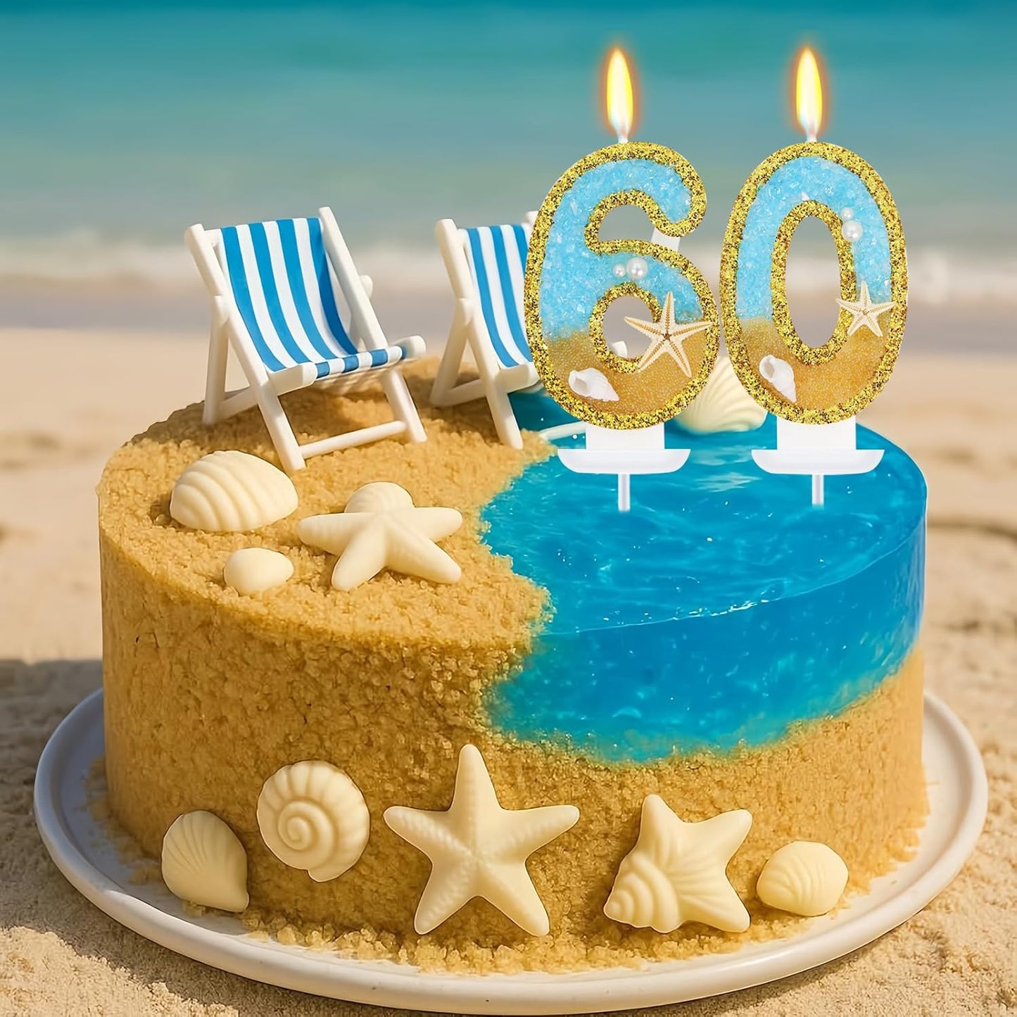 Ocean Number 60 Candle, Glitter Gold Beach Starfish Cake Topper, Tropical Ocean Princess Birthday Decorations for Party Supplies Wedding Anniversaries