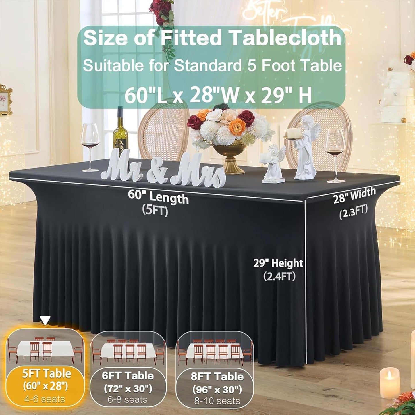 2 Pack Black Spandex Tablecloth for 5 Foot Rectangle Tables, Wrinkle Free Fitted Table Clothes Cover 5ft Stretchy Tablecloths with Skirt for Parties Weddings Birthday Banquet Baby Shower