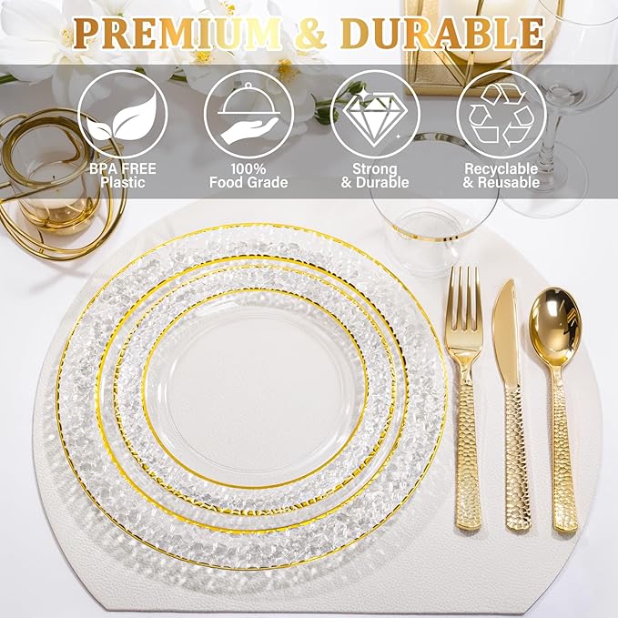 Nervure 102PCS Gold Plastic Plates - Disposable Clear Gold Party Plates Include 51PCS 10.25inch Dinner Plate & 51PCS 7.5inch Dessert Plate Perfect for Wedding & Party & Christmas