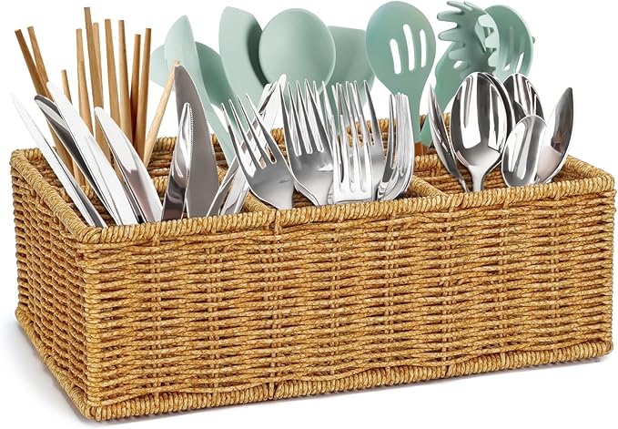 Wicker Silverware Caddy for Party, Woven Rattan Utensil Holder, Knife Fork Spoon Holder, Countertop Cutlery Storage Box, Cabinet Tabletop Silverware Organizer (Brown Gold)