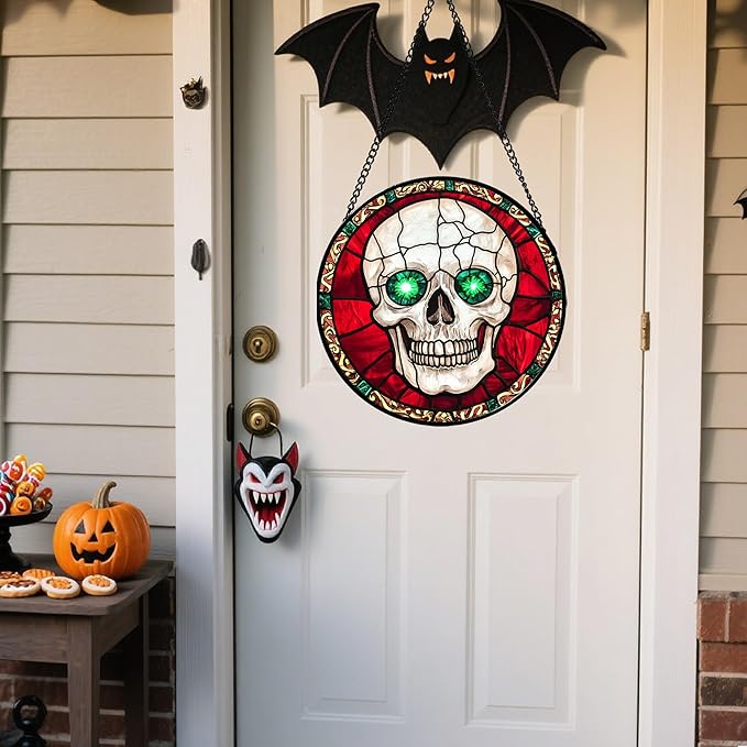 Stained Glass Window Hanging - Halloween Decorations Vampire Skeleton Suncatcher for Doors Garden Indoor Spooky Funny Sun Catchers Gothic Decor Horror Gifts for Women Men Friend 15 in