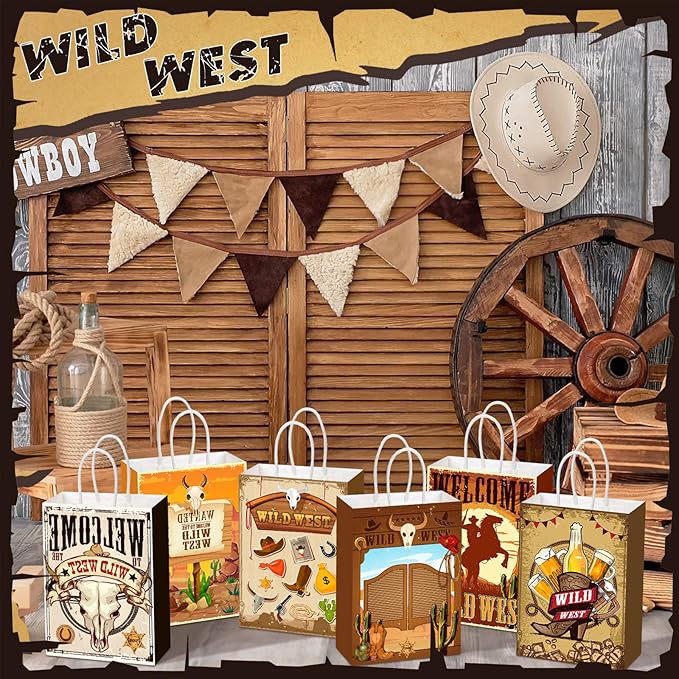 Outus 24 Pcs Cowboy Party Favor Bags Western Cowboy Goodie Candy Bags Paper Rodeo Bag Wild West Gift Treat Pouch‌ with Handles for Cowgirl Birthday Party Supplies