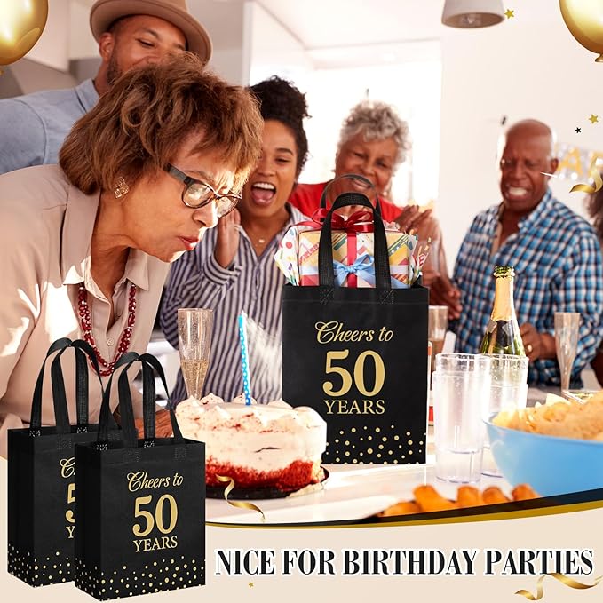 Supervitae 24 Cheers to 50 Years Gift Party Bags Medium Black and Gold Party Decoration Supplies Reusable Non Woven Totes for Birthday Anniversary Wedding Favor(9.8" x 7.9" x 3.9")
