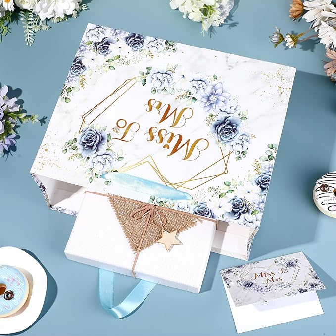 Blue Bridal Shower Gift Bag Wedding Miss to Mrs Gifts Bag with Tissue and Card Bridal Shower Gift Wrapping Paper Bag Floral Boho Christmas Wedding Gift Bags Bride Engagement Bachelorette Party Bag