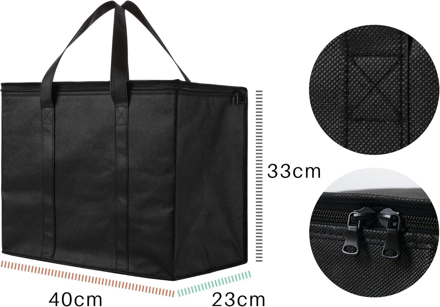 NZ home Insulated Cooler Bag and Food Warmer (XL Plus, 2 Pack) for Delivery & Grocery Shopping with Zippered Top, Black