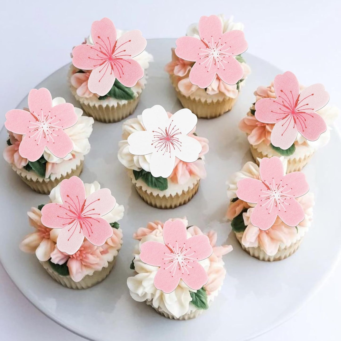 60 PCS Edible Flowers Cake Decorations Pink Edible Cherry Blossoms Flowers Cupcake Toppers Wafer Paper Flowers Cupcake Picks for Baby Shower Kids Birthday Party Food Decorations Supplies