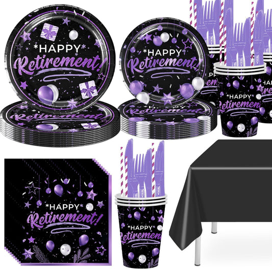 141pcs Retirement Party Decorations,Black and Purple Party Disposable Tableware,Includes Dinner Plate Dessert Plate Paper Napkin Cup Knife Fork Straws Tablecloth Black Purple Retirement Supplies set