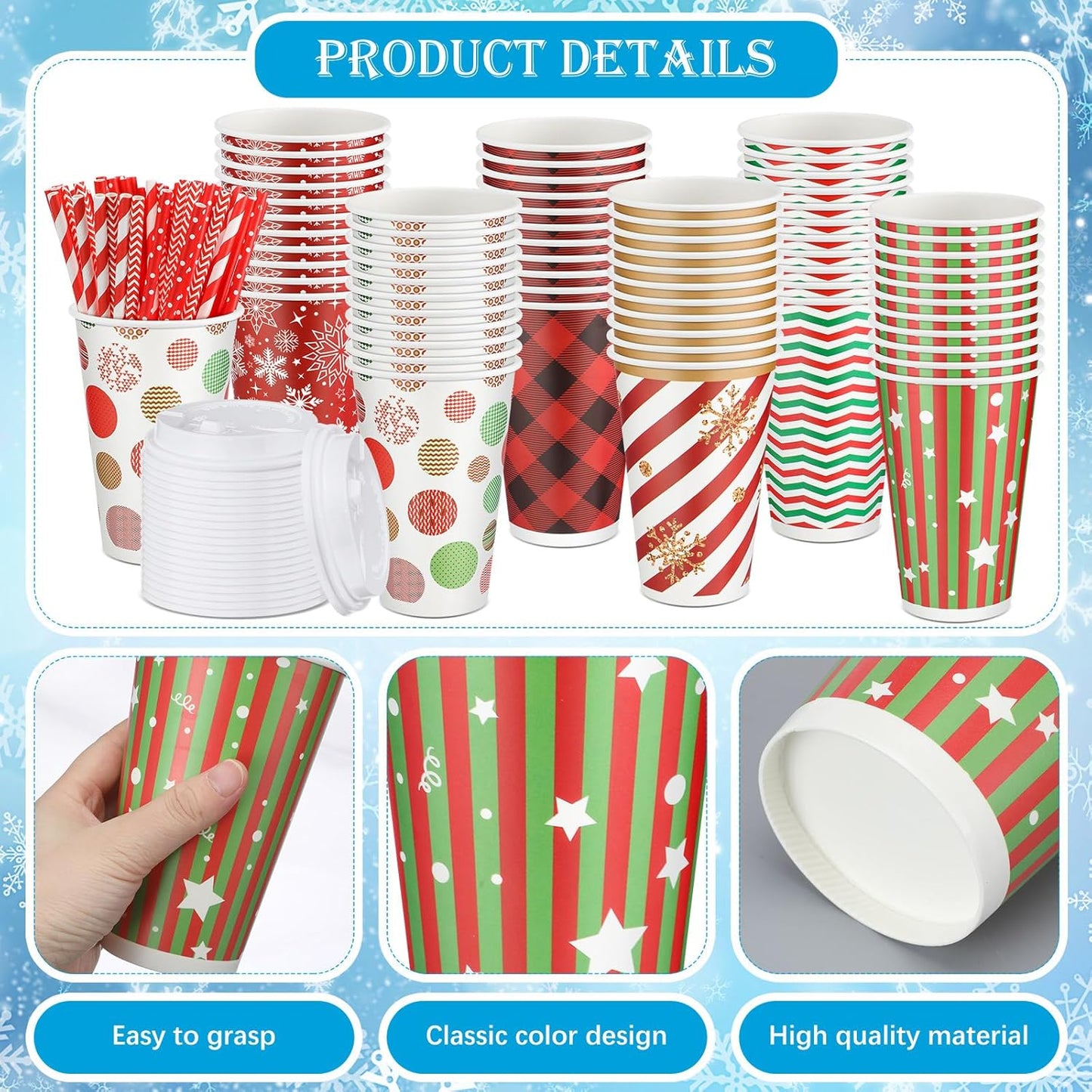 Bokon 172 Pcs/ 24 Sets of Christmas Movie Night Snack Trays 3 Sizes Snack Boxes, 16 oz Disposable Drinks Cups, 50 Straws, Complimentary Sealing Stickers for Cinema Party Decoration(Paper,Stripe)