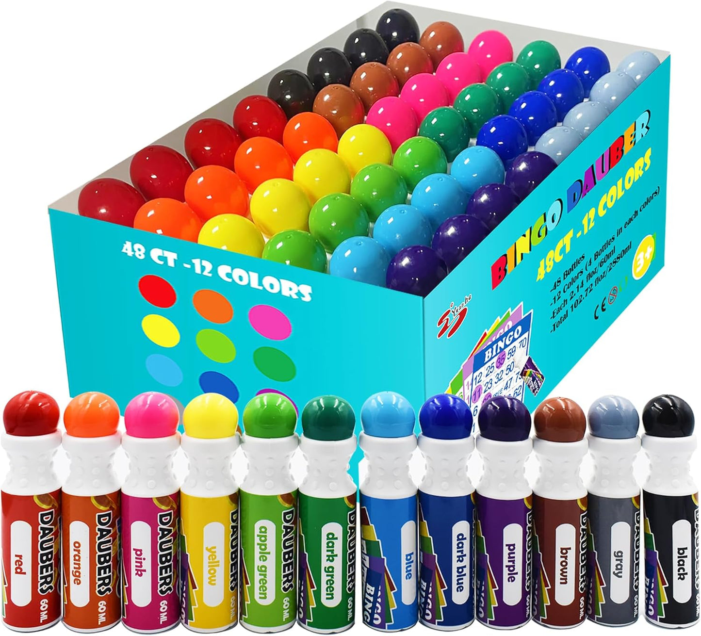 Yuanhe Bingo Daubers Dot Markers - Panit Dotters Dabbers Bulk Mixed Colors Set of 48 Pack-12Colors