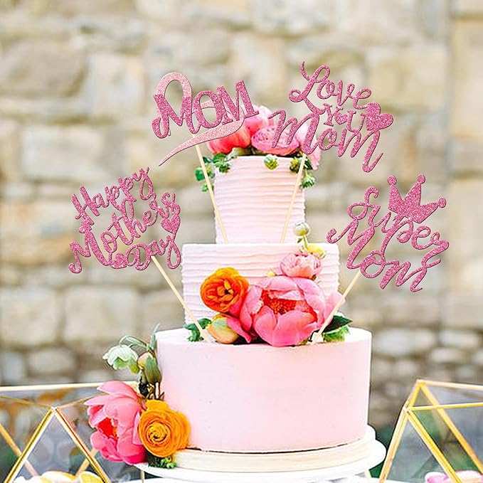 12 PCS Happy Mother's Day Centerpiece Sticks Double Sided Glitter Love Super Mom Best Mom Centerpieces for Happy Mother's Day Theme Table Flower Decorations Women Birthday Party Supplies Pink