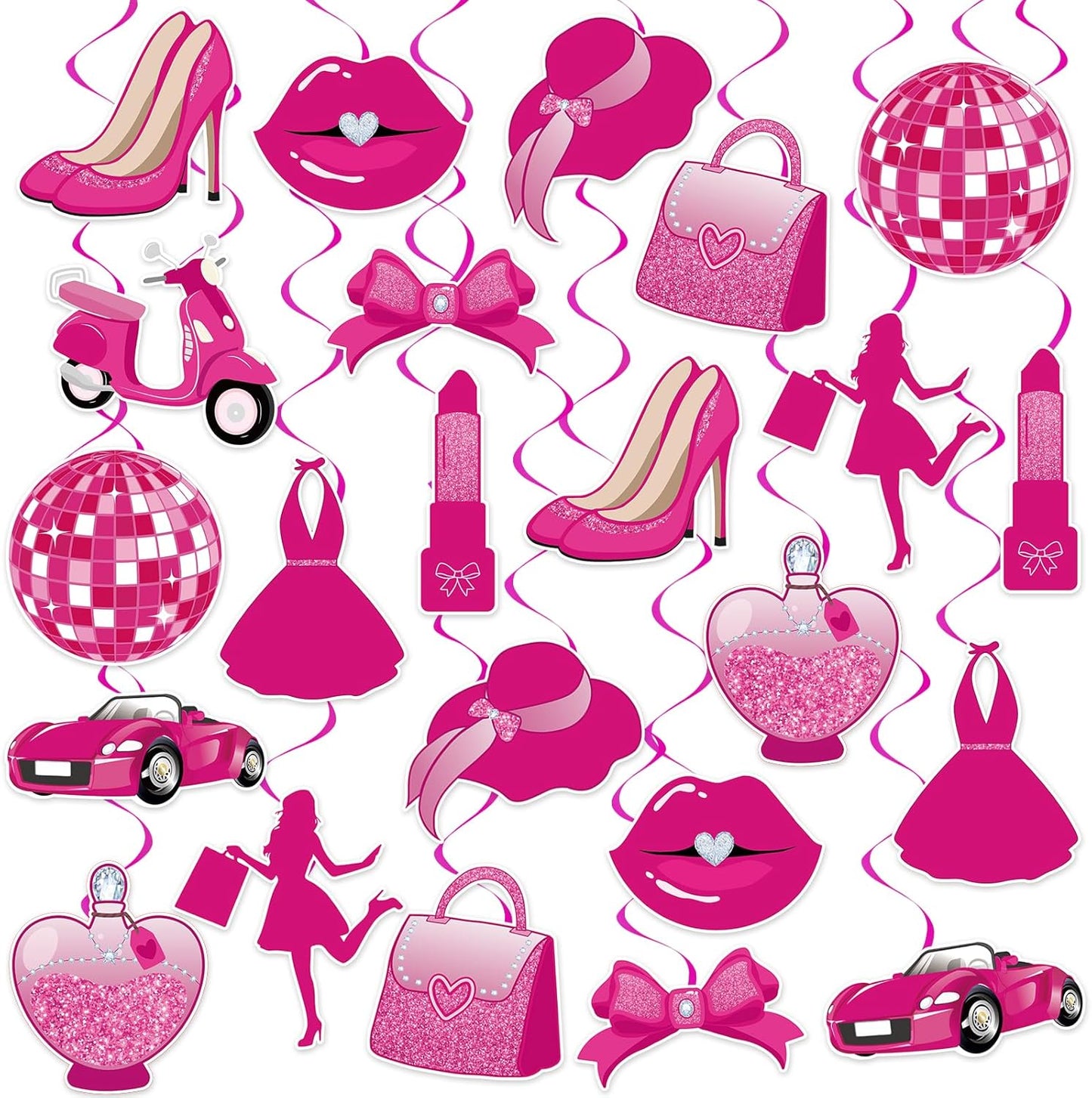 48Pcs Hot Pink Princess Party Hanging Decorations, Girls Princess Party Hanging Swirls Girls Party Swirls Decor for Princess Birthday Party Supplies