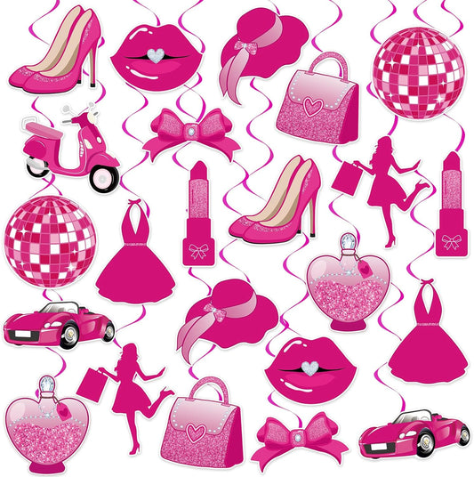 48Pcs Hot Pink Princess Party Hanging Decorations, Girls Princess Party Hanging Swirls Girls Party Swirls Decor for Princess Birthday Party Supplies