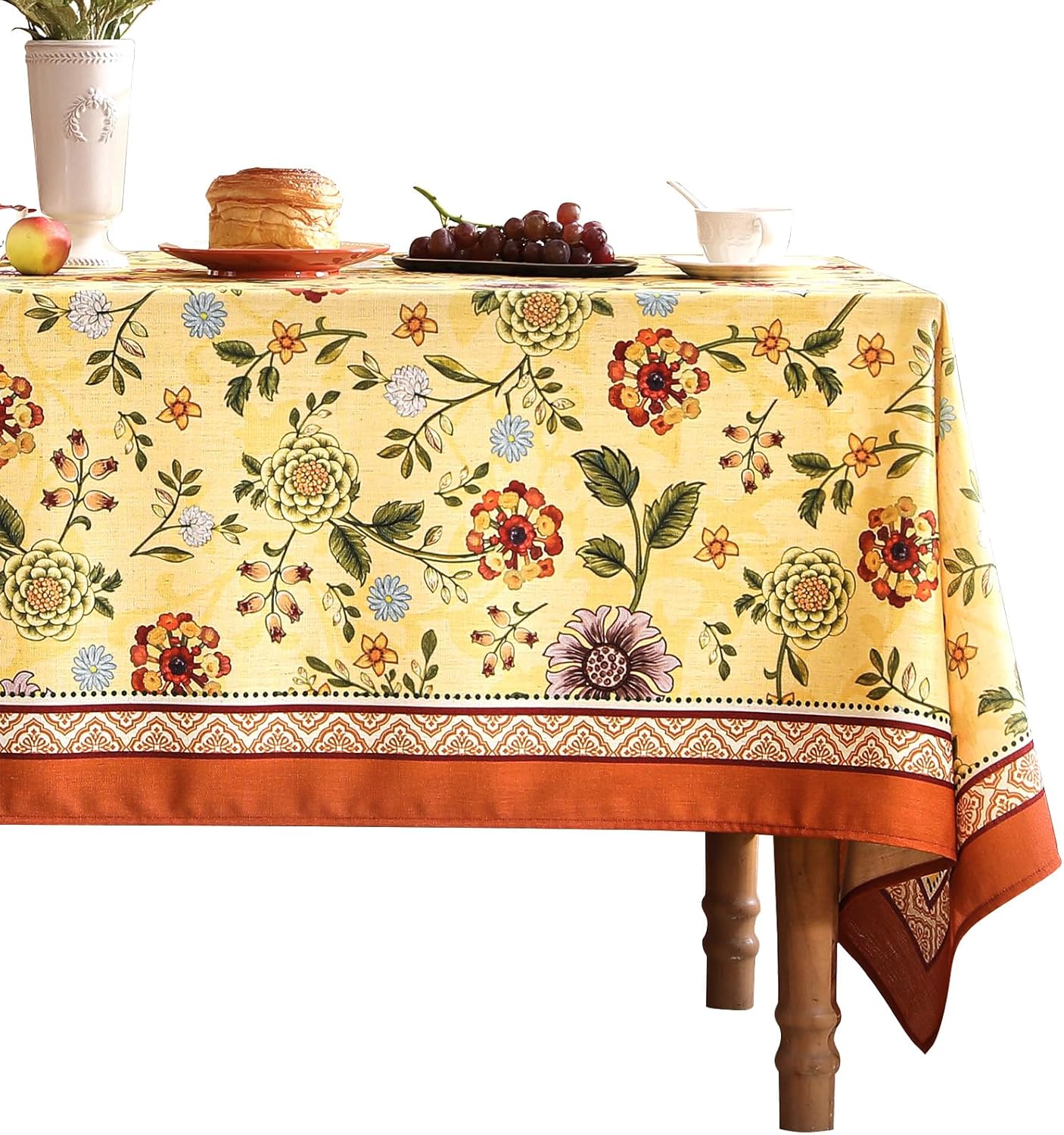Vintage Linen Tablecloth for Rectangle Table,Yellow Floral French Wrinkle Free Long Tablecloths,Decorative Table Cover for Kitchen,Dining,Thanksgiving,Christmas,63"*94"-Bellano