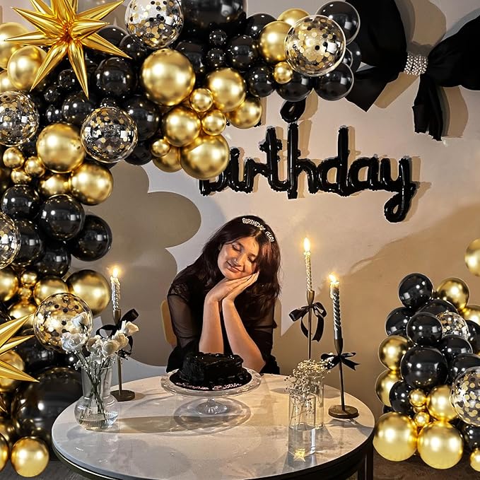 Black and Gold Balloon Garland Arch Kit, 140Pcs Black Gold Confetti Balloons with Stars for Birthday Graduation New Year Retirement Anniversary Wedding Engagement Party Decorations