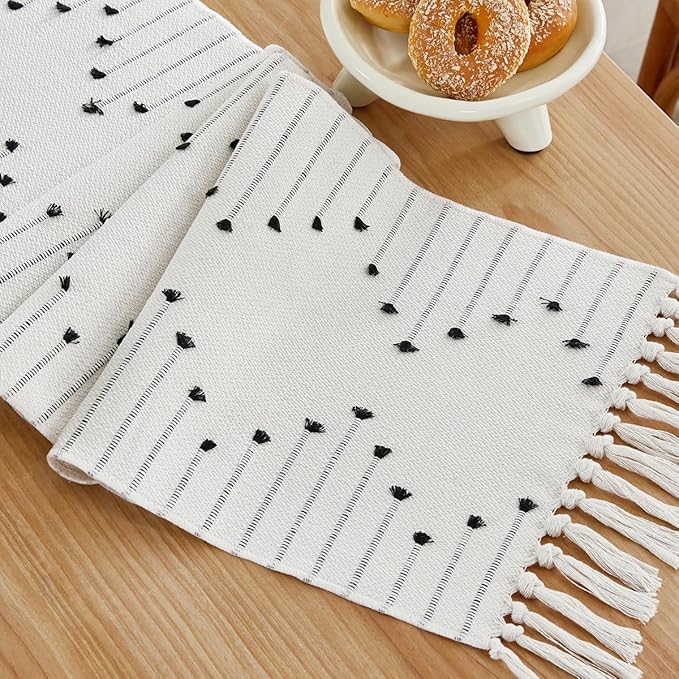 Wracra Boho Table Runner, Natural Cotton Woven Macrame Table Runners 36 Inches Long for Modern Farmhouse Woven Home Decor, 14x36 Inch, Black