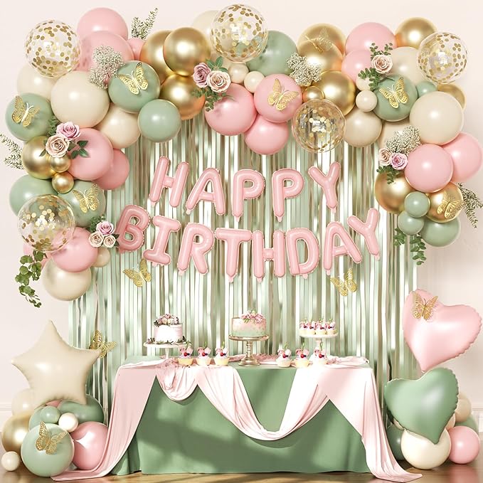 Pink and Green Birthday Decorations for Women Girls, Sage Green Pink Sand White Gold Foil Confetti Balloons Happy birthday Banner Gold Butterfly Fringe Curtains Birthday Decorations