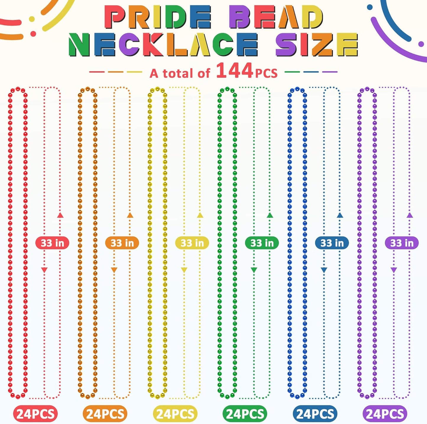 144PCS Pride Accessories, Metallic LGBTQ Beads Necklace Bulk, 6 Kinds of Rainbow Beads Necklaces Stuff, Gay Lesbian Pride Necklace for Costumes Decorations Parade Throws Party Favors