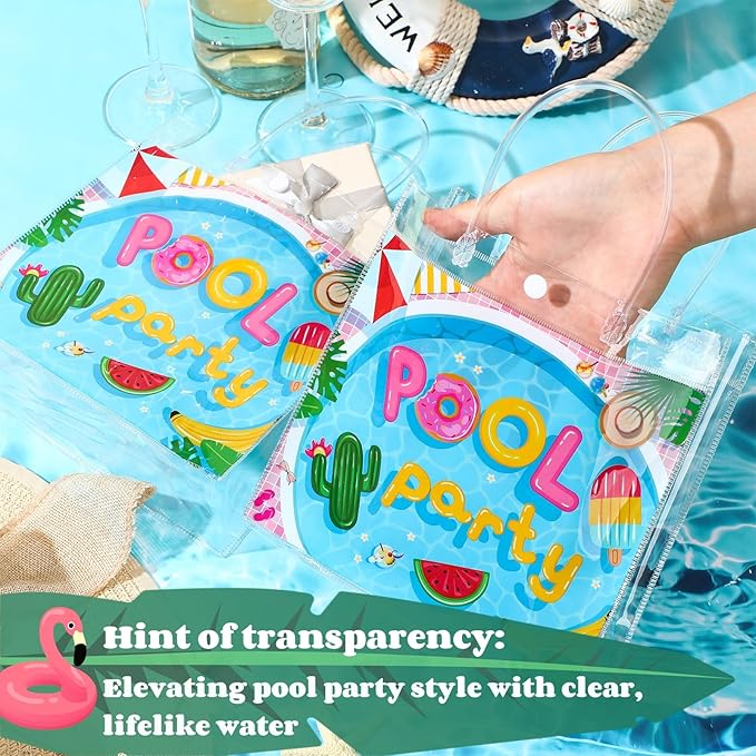 Aliceset 20 Pcs Pool Party Clear Favor Bags with Handles Swimming Themed Waterproof Goodie Bags for Pool Swimming Summer Party Birthday Baby Shower Supplies, 8 x 8 x 3. 15 Inch