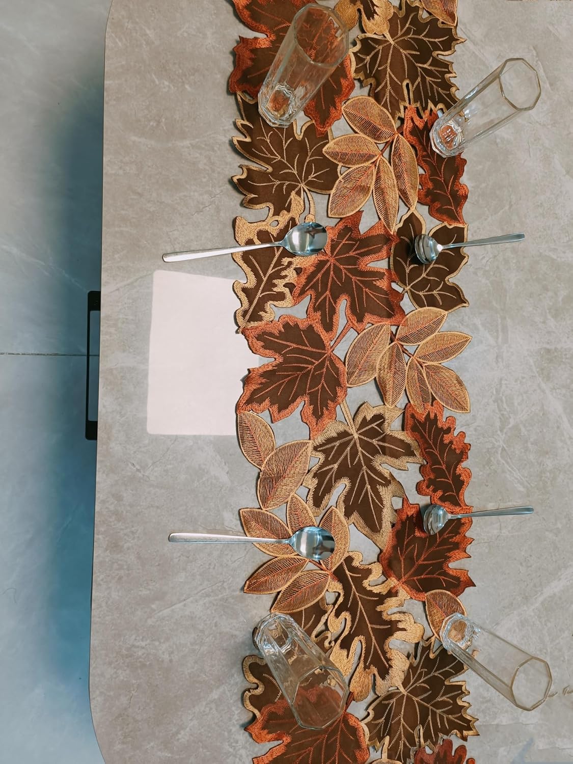 Fall Leaf Embroidered Table Runner 54 Inches for Thanksgiving and Autumn Harvest Decoration (16''x54'', Coffee Colored Maple Leaves)
