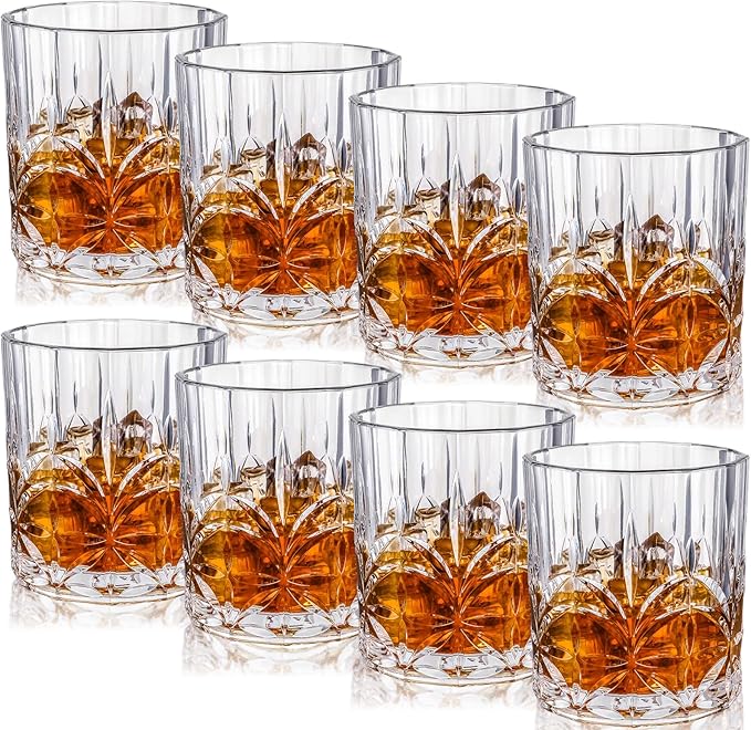 8 Sets Plastic Whiskey Glasses 14 oz Unbreakable Whiskey Drinking Glasses Old Fashioned Cocktail Cups Plastic Water Tumblers Clear Wine Cup Shatterproof Short Tumbler for Indoor Outdoor