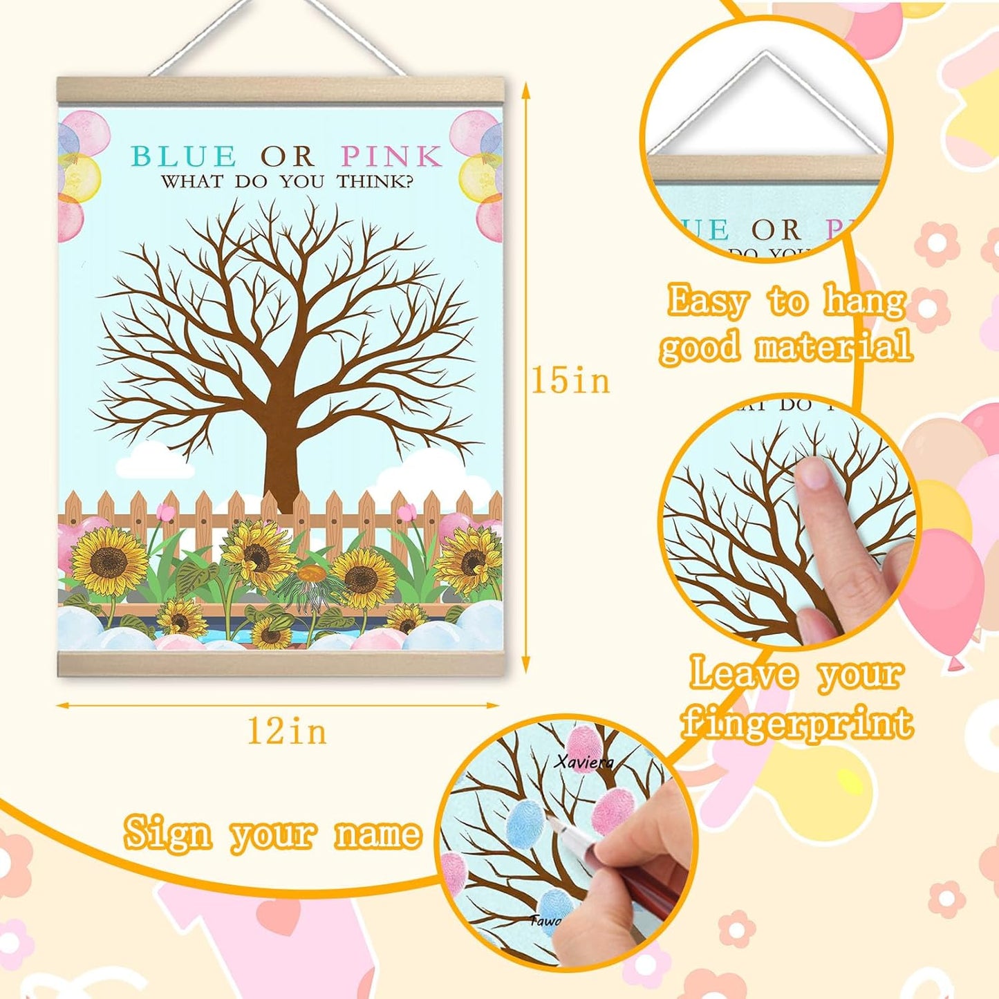 Meaningful Baby Shower Guest Book Game, Gender Reveal Fingerprint Leaves Tree, Gender Reveal Keepsake, Canvas Decoration, Baby Shower Party Supplies(12x15in)